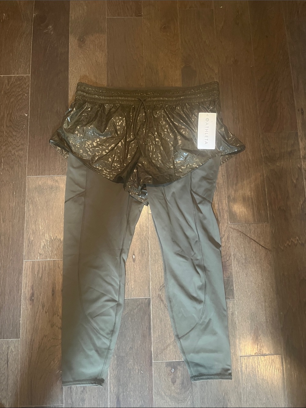 Athleta Olive Green Leggings with Shiny Skirt Overlay